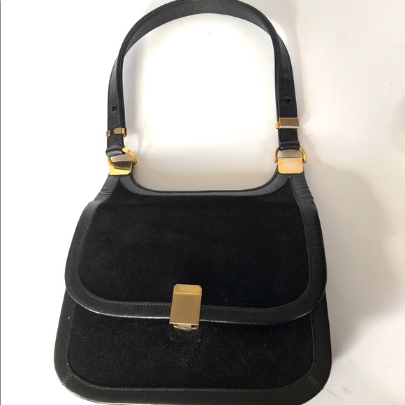 VTG Coblentz Convertible Black Suede Tri-Fold Handbag Shoulder Bag Gold Hardware - Picture 6 of 11
